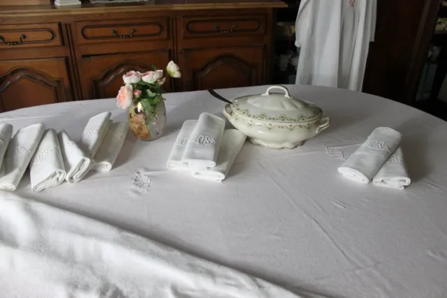 Service de table ancien Nappe et 12 serviettes en damas coton mono SO/  1201122