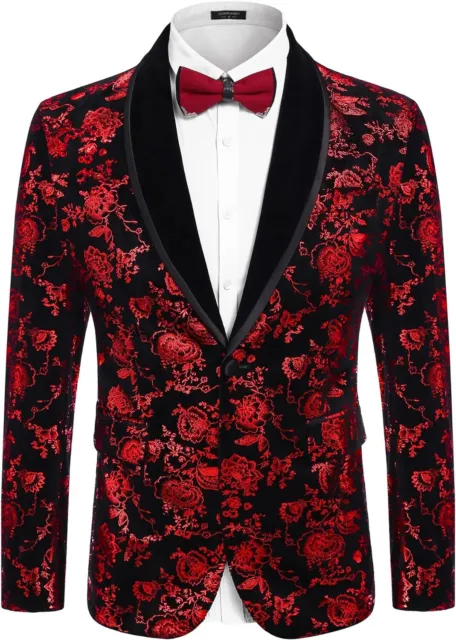 COOFANDY Men's Floral Tuxedo Jacket Shawl Lapel One Button Velvet Suit Jacket Di