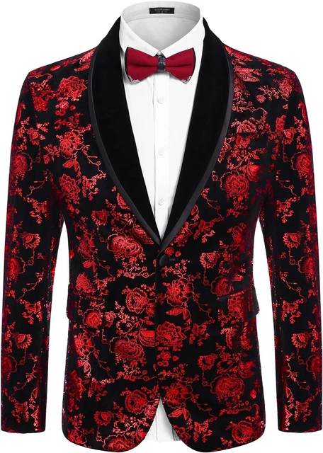 COOFANDY Men's Floral Tuxedo Jacket Shawl Lapel One Button Velvet Suit Jacket Di