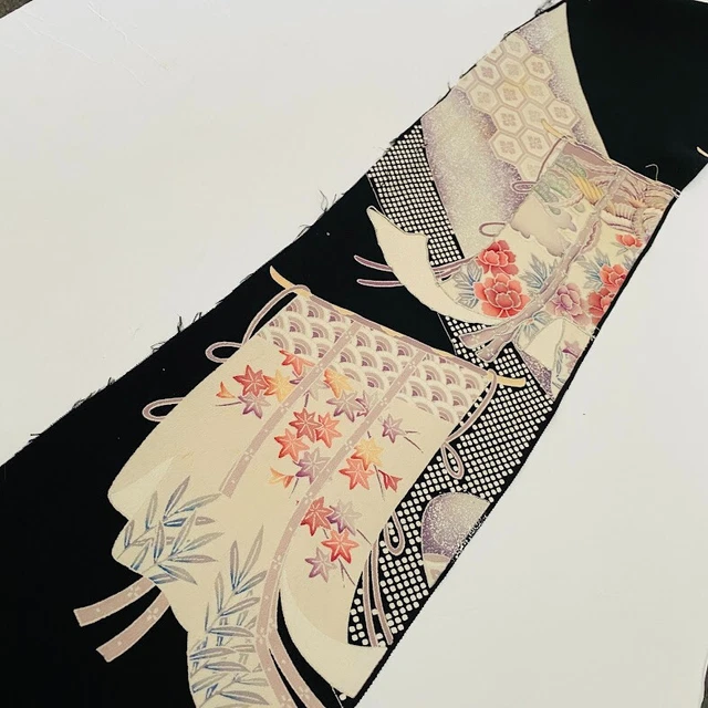 Glory #E 6.5x56 Vintage Tomesode Black Silk Japanese Kimono Fabric ToD64