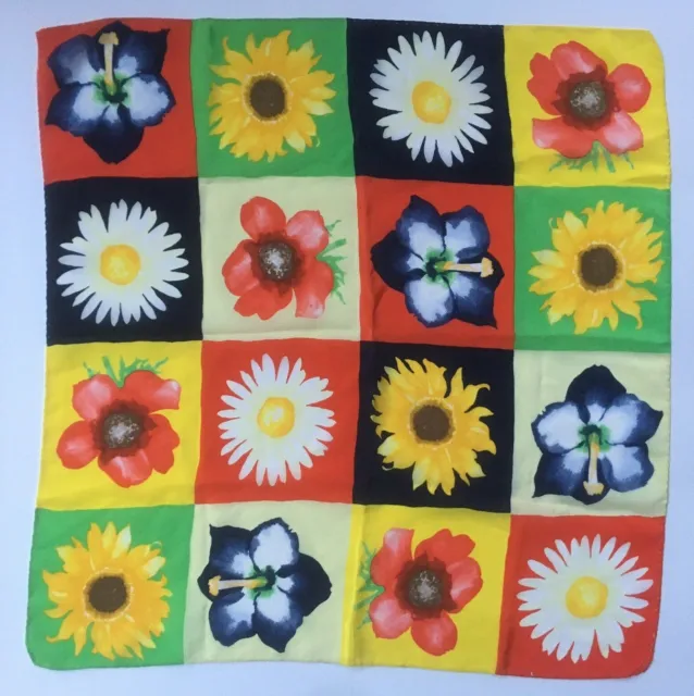 Vintage 90s Y2K Square Silk Scarf Flowers Color Block Print 20" Daisy Sunflower