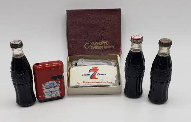 Soda Whiskey Beer Lighters Advertising Lot of 6 - Coke, Seagram's 7, Budweiser