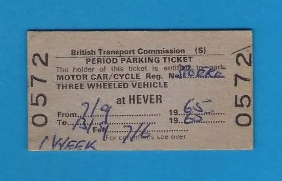 British Railways Ticket ~ BTC(S) Period Car Parking - Hever - 1 Week 7/6 - 1965