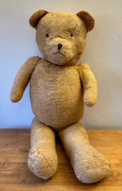 20” Large Vintage Straw Filled Teddy Bear c1940s With Growler & Glass Eyes.