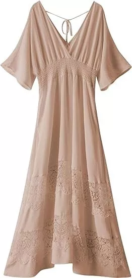 Olaesa XL Maxi Lace Ankle Dress Khaki Waist Smocked Short Sleeve V Neck-NEW NICE