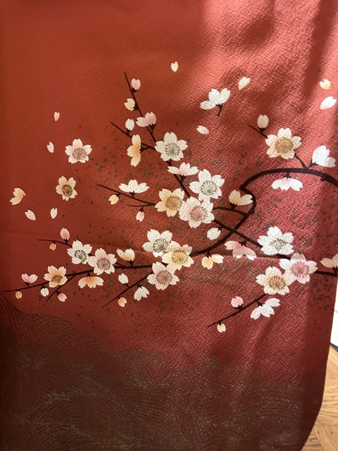 Japanese Vintage Traditional Red Silk Furisode Kimono Robe + Gold Embroidery Obi 7