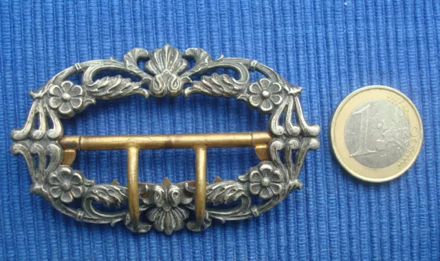 C1 Jolie Boucle Ceinture Ancienne Metal Argenté Décor Fleur Art Nouveau