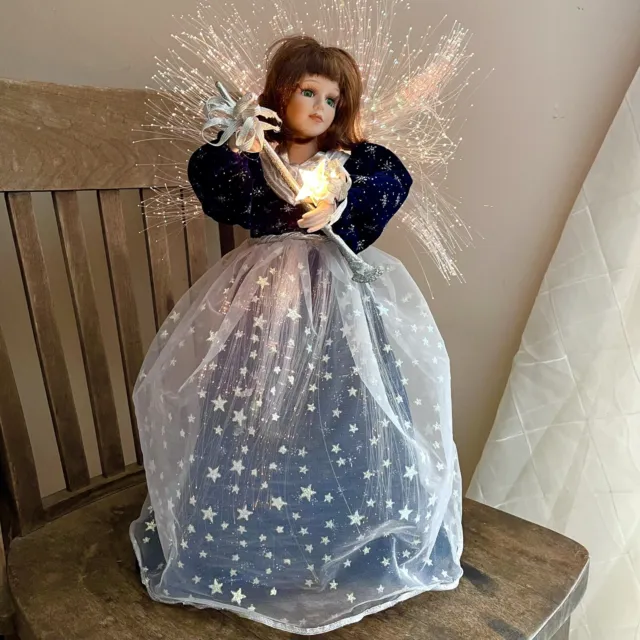 Fiber Optic Angel 20” Christmas Tree Topper Red Hair Green Eyes Blue Dress Doll