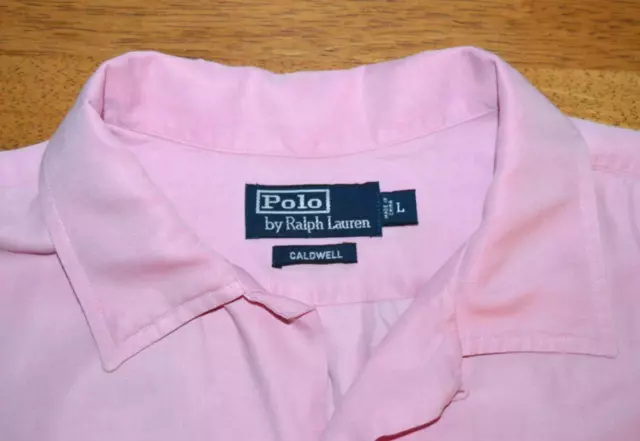 Vtg Ralph Lauren Polo L Caldwell solid pink silk linen logo casual shirt y2j1