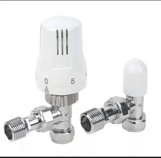 Thermostatic Radiator Valve Set 15mm x 1/2" Angled TRV Lockshield Valves Rad