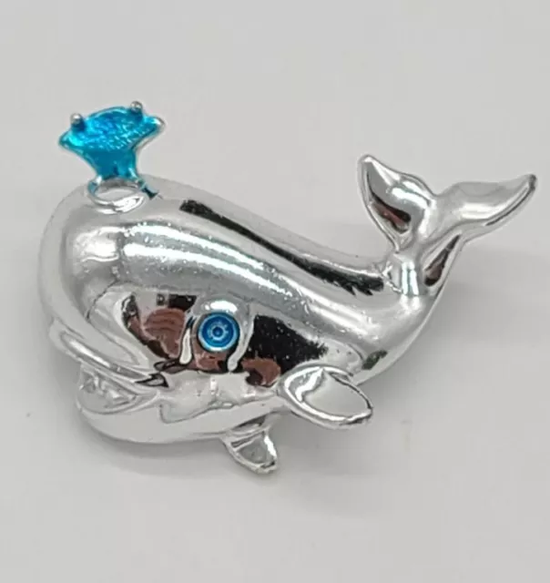 Vintage Danecraft Whale Brooch Pin  Spouting Blue Water Silver Tone Signed 1.5"