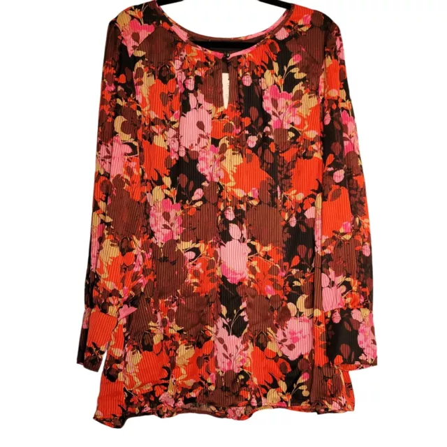 NWT Lane Bryant Women's 22 Pleated Long Sleeve Floral Blouse Keyhole Red Pink