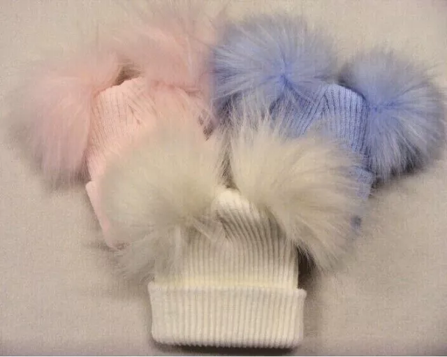 Baby Girl Boy Faux Fur 2 Pom Pom Hat Warm Knitted Double Bobble Pink White Blue