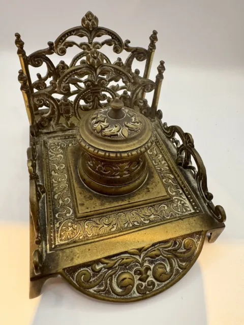 Stunning  Heavy Embossed Victorian  Brass Inkwell And Letter Holder