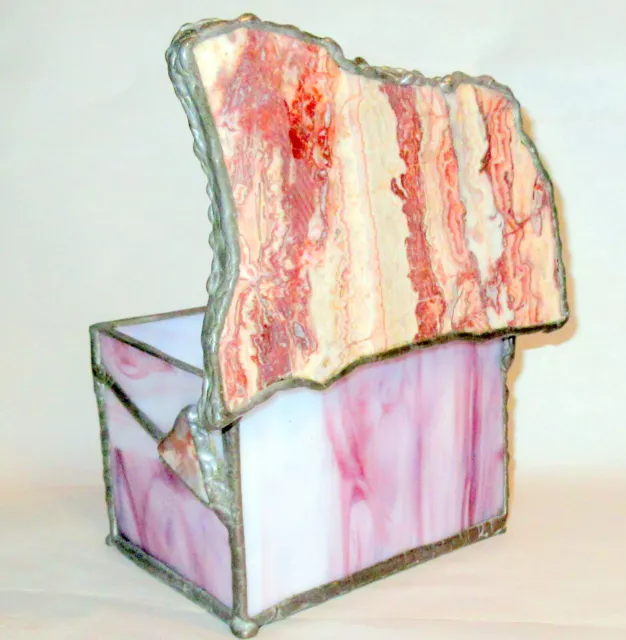 Fabulous Artisan hndmde Polished Lrg Jasper Gemstone & Stained Glass Trinket Box
