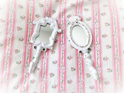 White SHABBY Chic MIRRORED Metal OVAL Wall HOOKS Ornate UNIQUE Chippy SET of 2