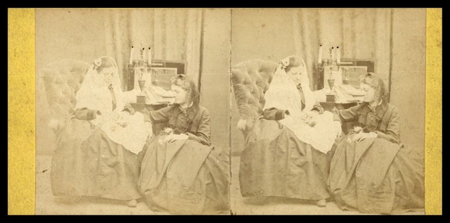 Tirage Stéréo Vintage Années 1880 - Fillettes Lisant Un Livre - Format 8,5x17 Cm - Original