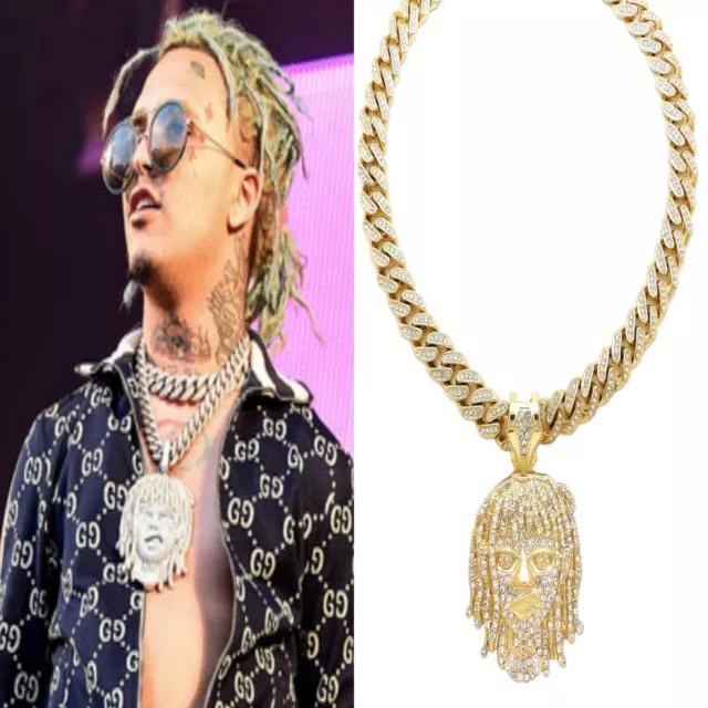 LIL PUMP FACE PENDANT 14K LAB DIAMOND GOLD CUBAN LINK CHAIN NECKLACE HIP HOP cz