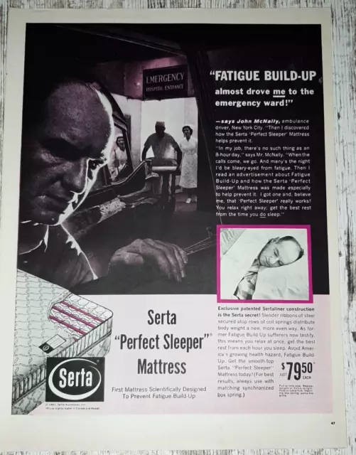 1961 Serta Vintage Print Ad Mattress Perfect Sleeper Fatigue Emergency Room Man