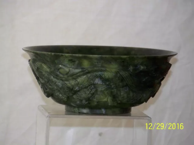 "OLD" Chinese Spinach Jade Carved Dragon Sides Bowl w/Box 2