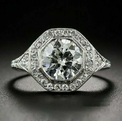 2.60 Carat Round Cut Lab-Created Diamond Hexagonal Bezel Style Old Vintage Rings
