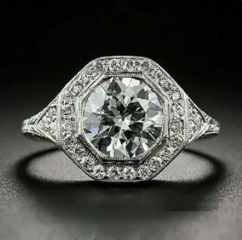Old European Lab Created Diamond Art Deco Style Wedding White Gold Filled Ring