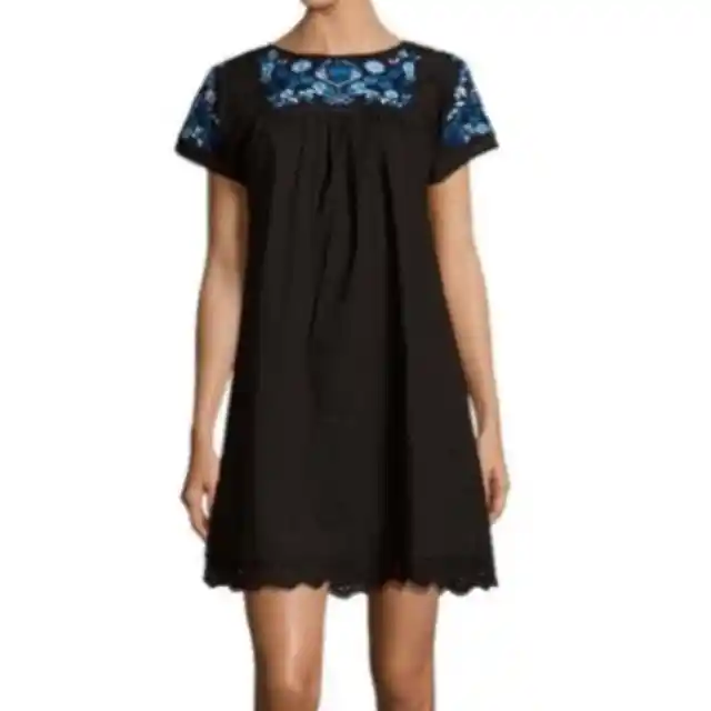 Rebecca Taylor Black/Blue Garden Floral Embroidered Short Sleeve Dress Sz 6