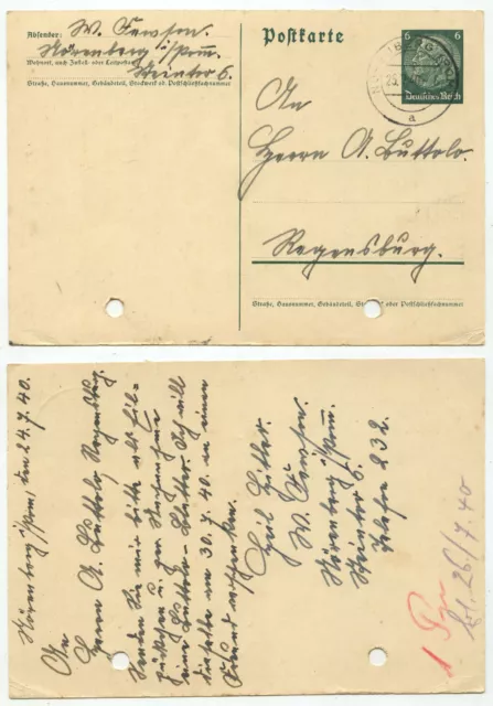 41960 - Ganzsache P 226 - Postkarte - Nörenberg (Pom.) 25.7.1940 nach Regensburg