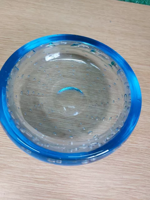 Vintage Large  Whitefriars Blue Controlled Bubble Glass Ashtray. 5 3/4 inch 2