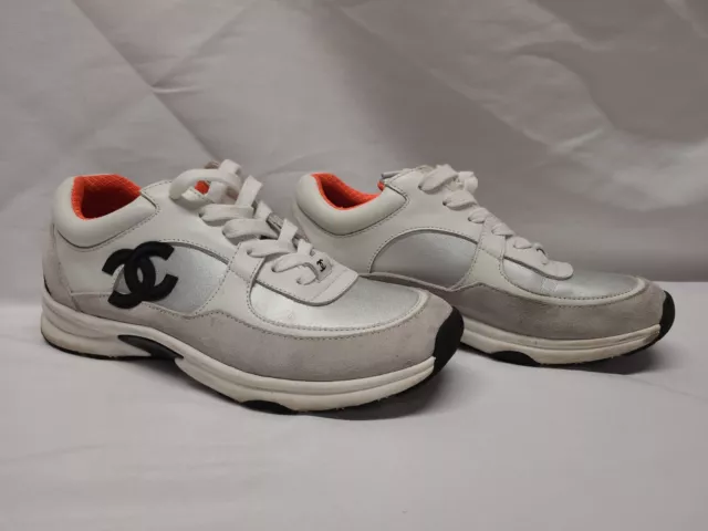 ORIG $1295 WOMENS Chanel CC Logo Sneaker White Silver Fluo Pink