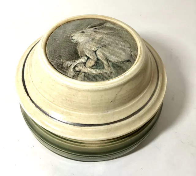Handmade Rabbit Bowl Pottery Ceramic Lid Hand painted Bunny Green White