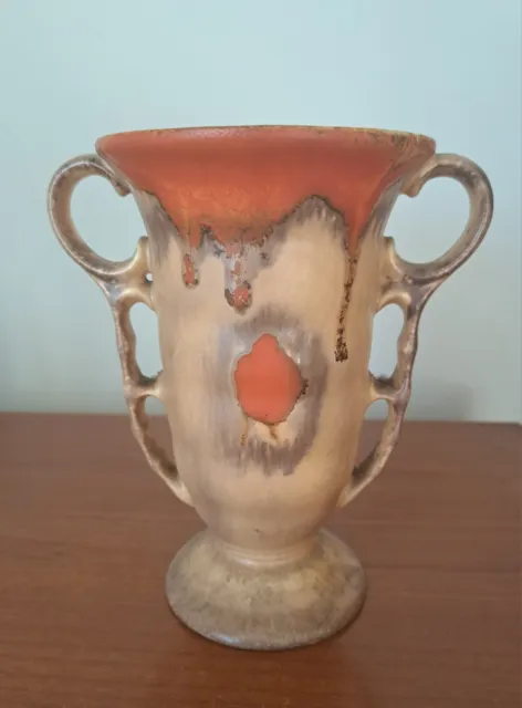 Mid Century Ceramic Twin Handled Vase Orange Drip Effect Vase