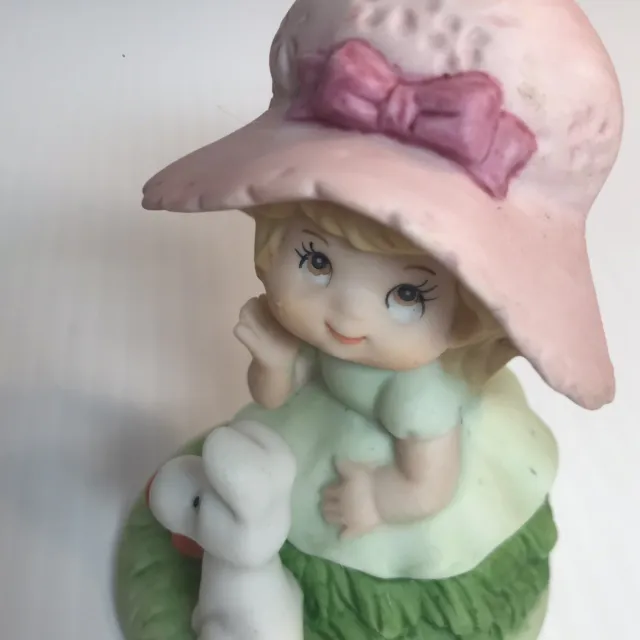 Vintage LEFTON Girl with Dog Puppy Porcelain Figurine 1992 Big Pink Bonnet