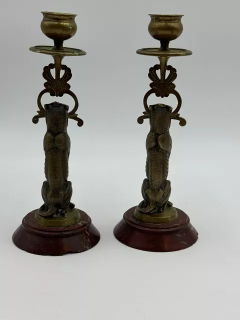 Pair Antique Brass Figural Lion Protectors Statue Candlesticks Marble 3
