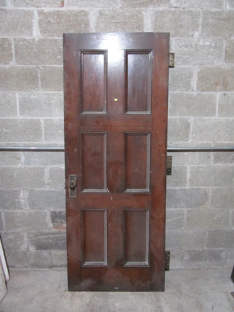 ~ ANTIQUE OAK 6 PANEL DOOR WITH HARDWARE U ~ 31.75 x 81.5 ARCHITECTURAL SALVAGE