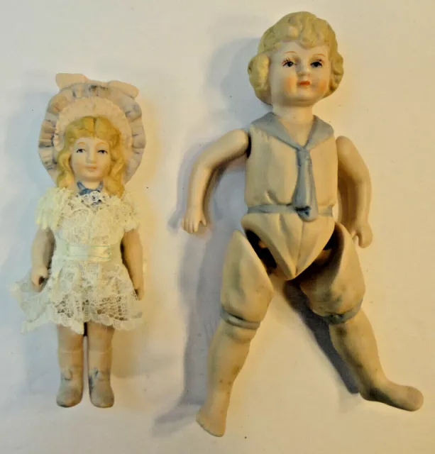 LOT/ 2 BSCO Dolls Bisque Girls Japanese Porcelain Victorian Lace Dress Antique