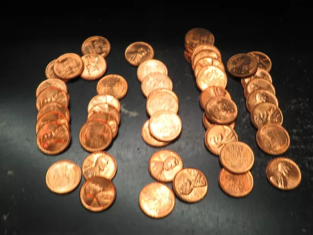 1956 D 1c BU Lincoln Wheat Cent Penny Roll 50 Coins With Gorgeous Color! #9