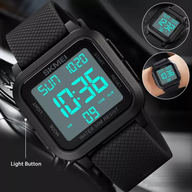 Reloj Militar Deporte Resistente Al Agua Para Hombres LED Cronómetro Digital Negro