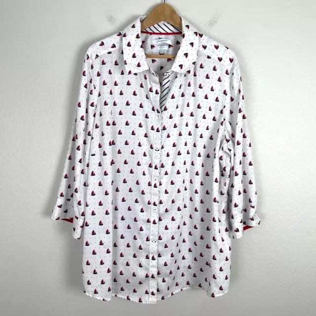 Foxcroft Womens Plus 22W Wrinkle Free Button Up Shirt Sailboat Print Top Blouse