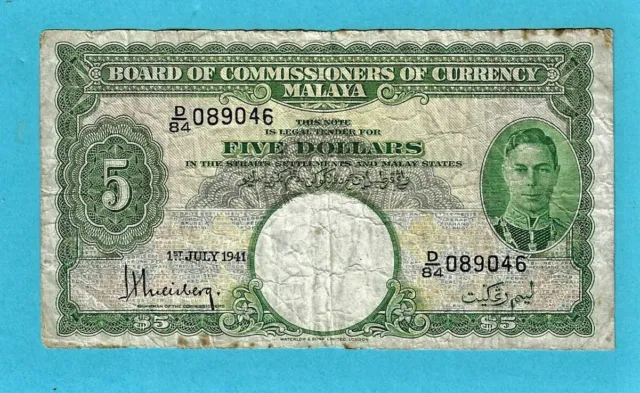 FREE ✈ SHIPPN MALAYA & Straits Settlement 5 Dollars 1941 George VI Banknote D/84