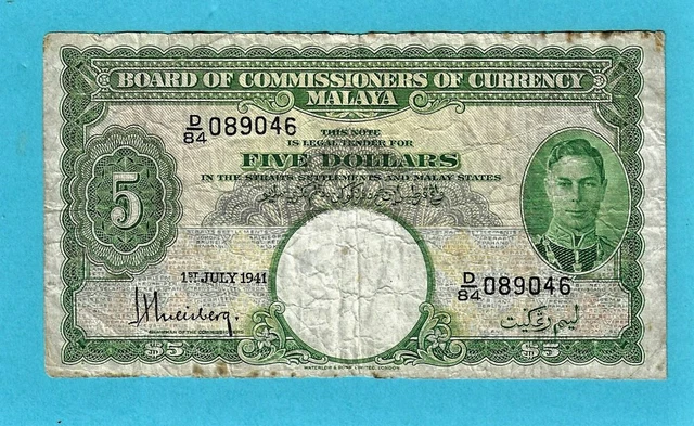 FREE ✈ SHIPPN MALAYA & Straits Settlement 5 Dollars 1941 George VI Banknote D/84 FREE ✈ SHIPPN MALAYA & Straits Settlement 5 Dollars 1941 George VI Banknote D/84