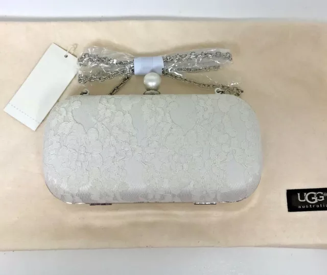 UGG I Do! Promise Clutch White Wedding Faux Pearl Closure Lace Covered Dust Bag