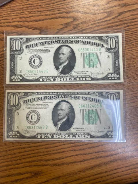 Lot of 2 1934 C &D $10 Federal Reserve Note C Philadelphia Green Seal CRISP!