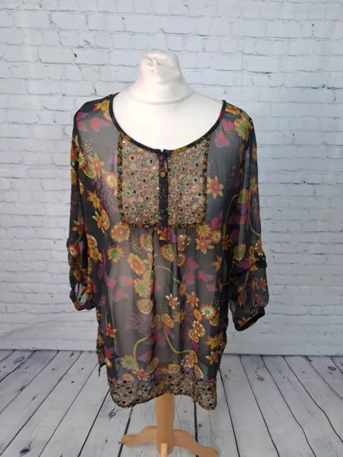 Wallis Black Mix Printed Sheer Smock Top Womens Size Medium (EJ21)
