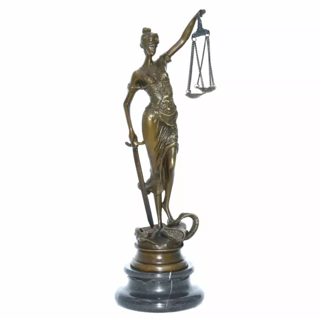 Justitia Skulptur aus echter Bronze auf Marmor Sockel Figur der Gerechtigkeit