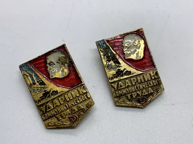 Soviet Shock worker of Communist Labour Udarnik 2x Badges USSR