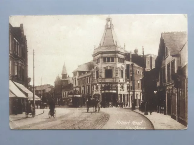 Albert Road Southsea with Kings Theatre, shops & tram 1921 postcard Portsmouth