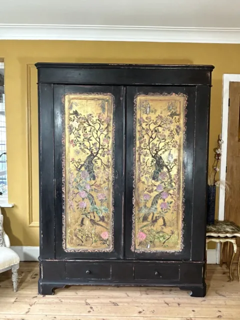Vintage Painted Pine Double Wardrobe/Armoire With Inlaid Chinoiserie