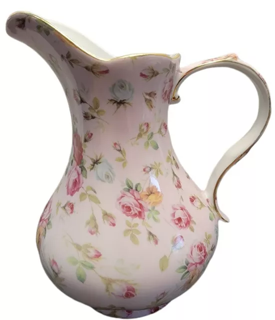 Royal Danube Pink Floral Porcelain Pitcher Gold Trim Decorative Scalloped Edges