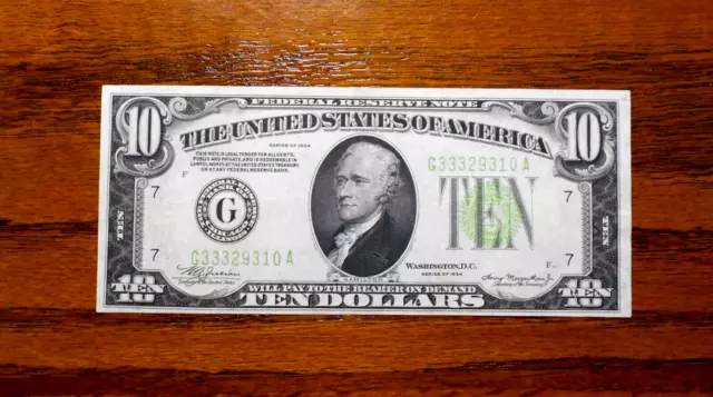1934 $10 Federal Reserve Note 💲 Light Green ~ center fold